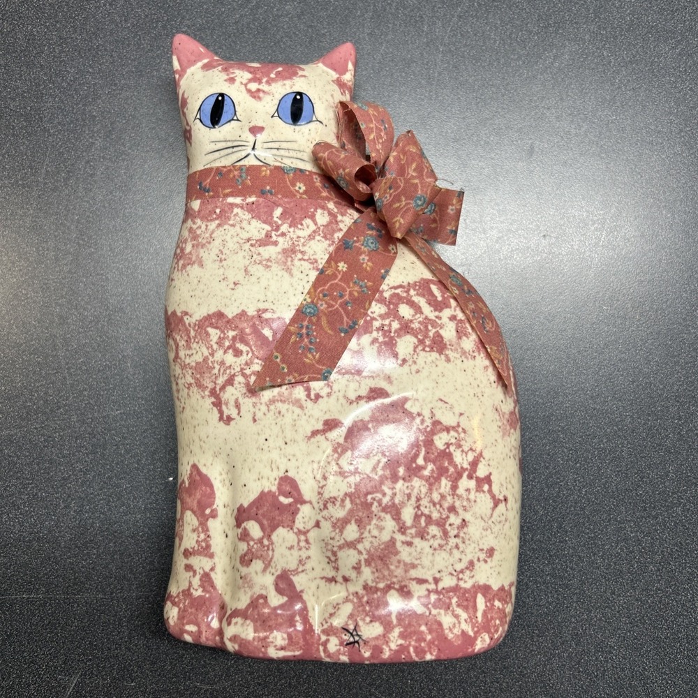 Vintage Ceramic Cat Figurine 10in Pink White Spongeware Blue Eyes Signed